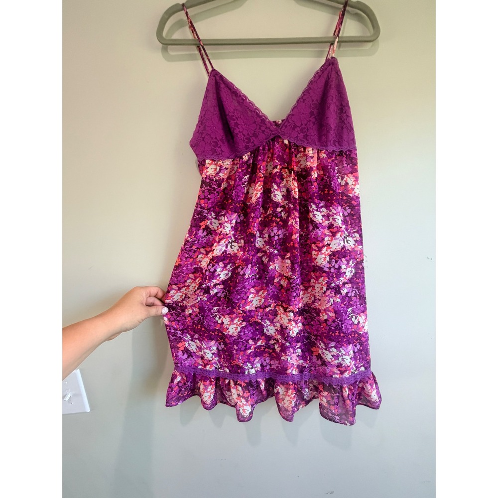 Ambrielle Babydoll Chemise Women L Purple Floral Lace Trim Flowy Fairy Coquette